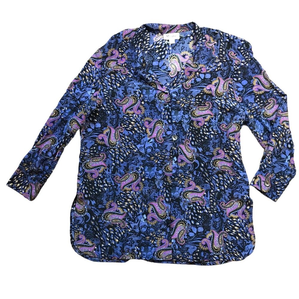 Vintage Misho 100% Silk Tunic Top Womens Plus Size 16 Purple Paisley Long Sleeve